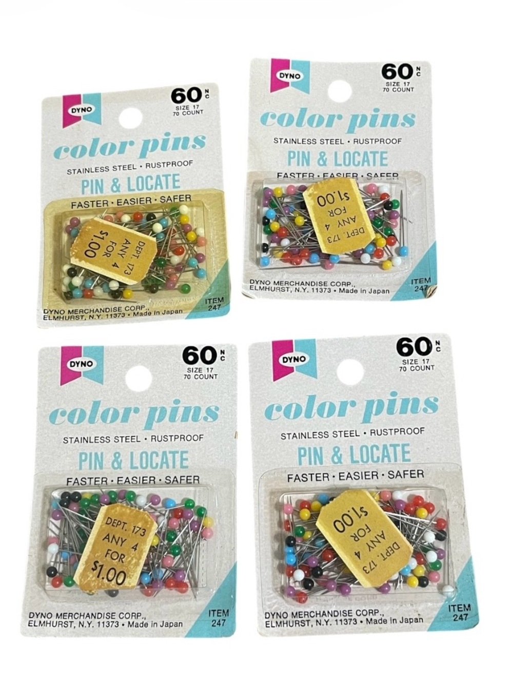 Vintage Dyno Stainless Steel Sewing Color Pins Pack Rustproof Size 17 Pack of 4